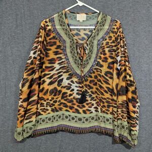 ASA Kaftan Womens Sheer Leopard Print Rhinestone V-Neck Tassel-Tie Tunic Size XL